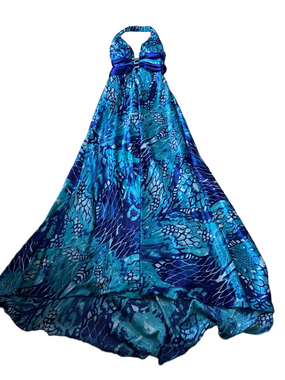 Dresses by Deb Blue White Abstract Maxi Satin Halter Dress SIZE 7/8